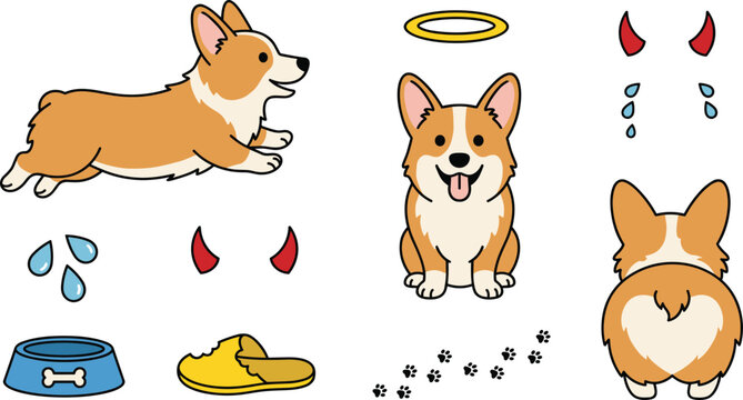 Cute cartoon corgi dog vector character set featuring running sitting back view butt halo devil horns bowl chewed slipper and paw prints.