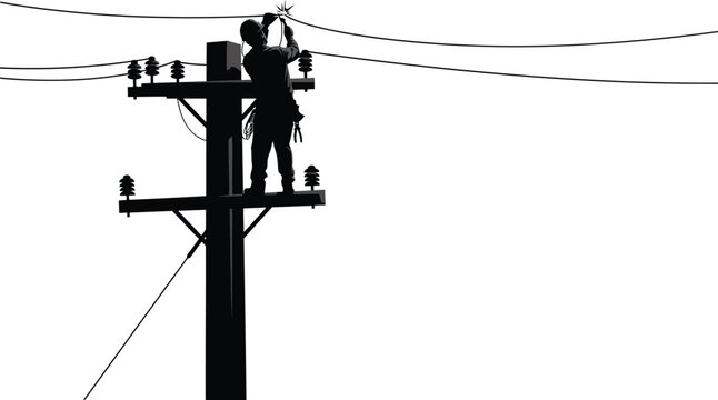 Lineman working on utility power pole silhouette vector illustration of electrical technician repairing high voltage wires for grid network maintenance (Exactly 20 words)