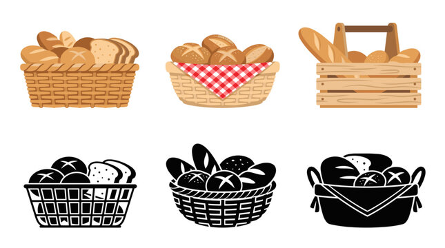 Professional vector collection featuring different bread basket designs, woven bread basket, fabric lined bread basket, wooden bread basket, wire bread basket, round serving basket