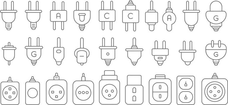 Electric plug icons, power socket symbols, 25 electrical outlet illustrations, line art style