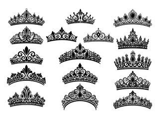 Vector tiara set. Beautiful queen tiaras or princess crown silhouettes for wedding cards and vignettes © zulfa