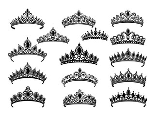 Vector tiara set. Beautiful queen tiaras or princess crown silhouettes for wedding cards and vignettes © zulfa