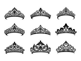 Vector tiara set. Beautiful queen tiaras or princess crown silhouettes for wedding cards and vignettes © zulfa
