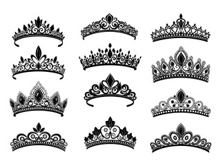 Vector tiara set. Beautiful queen tiaras or princess crown silhouettes for wedding cards and vignettes © zulfa
