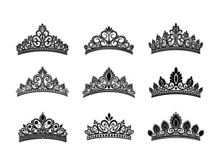 Vector tiara set. Beautiful queen tiaras or princess crown silhouettes for wedding cards and vignettes © zulfa