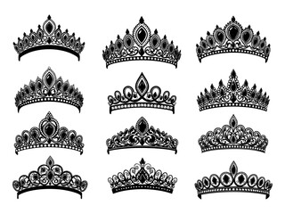 Vector tiara set. Beautiful queen tiaras or princess crown silhouettes for wedding cards and vignettes © zulfa