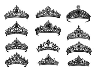Vector tiara set. Beautiful queen tiaras or princess crown silhouettes for wedding cards and vignettes © zulfa