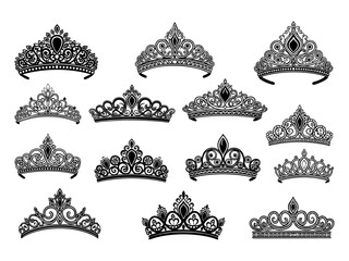 Vector tiara set. Beautiful queen tiaras or princess crown silhouettes for wedding cards and vignettes © zulfa