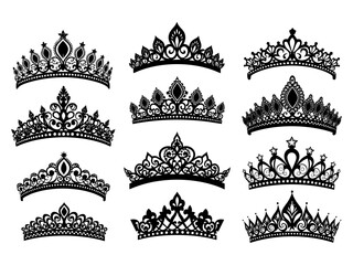 Vector tiara set. Beautiful queen tiaras or princess crown silhouettes for wedding cards and vignettes © zulfa