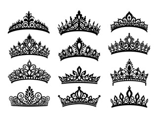 Vector tiara set. Beautiful queen tiaras or princess crown silhouettes for wedding cards and vignettes © zulfa