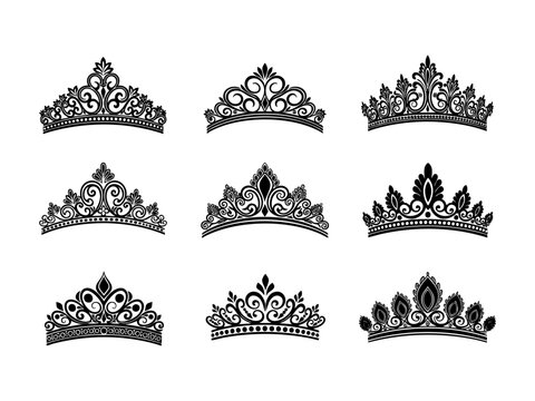 Vector tiara set. Beautiful queen tiaras or princess crown silhouettes for wedding cards and vignettes
