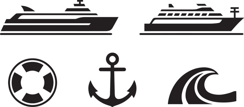 Marine icons display a collection of ships, a life buoy, an anchor, and a wave in a black silhouette style.