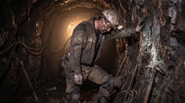 Exhausted miner leaning against a dark underground tunnel wall wearing a protective headlamp helmet