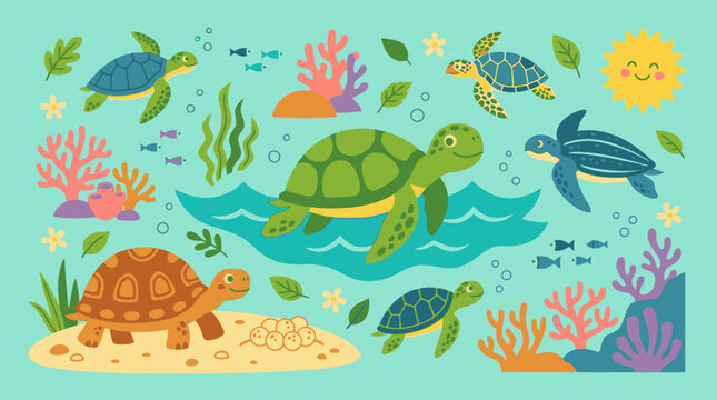 Sea turtles swim among vibrant coral reef elements in a tropical ocean scene