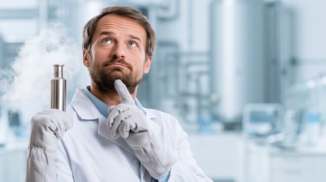 Fermentation specialist holding a pH meter probe in a fermentation laboratory while thinking. Concept of quiz, consultation and trivia about fermentation science.