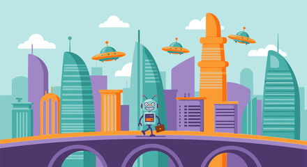 Fototapeta premium A futuristic cityscape scene with a robot on a bridge surrounded by flying saucers and skyscrapers