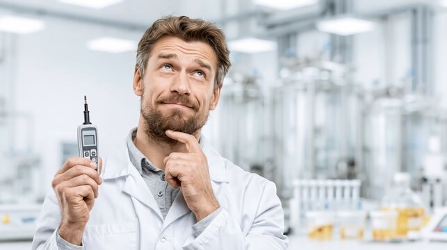 Fermentation specialist holding a pH meter probe in a fermentation laboratory while thinking. Concept of quiz, consultation and trivia about fermentation science.