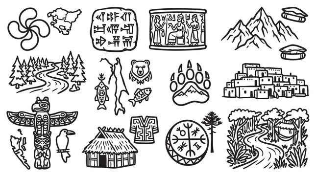 Cultural symbols and indigenous heritage elements illustrating diverse global traditions and landmarks.