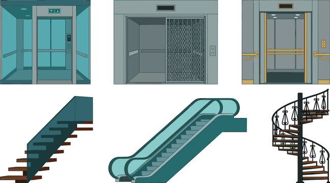Modern building architectural elevation vector element set featuring glass elevator cabin cargo lift passenger elevator escalator straight staircase and spiral stairs.