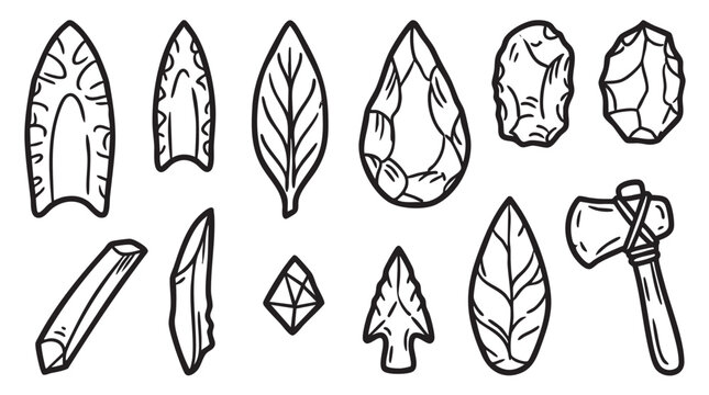 Prehistoric stone tools and ancient survival implements flat vector icon set.