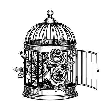 Black and white line of an open birdcage filled with blooming roses and leaves on a white background