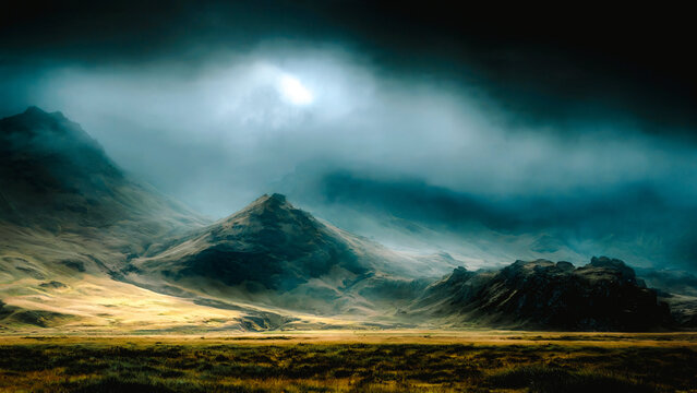 Vue panoramique des montagne dans la brume au cr&eacute;puscule