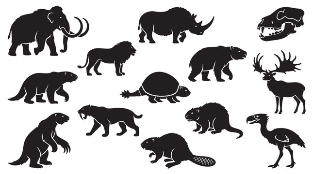 Extinct megafauna and prehistoric animals, mammoths, saber-toothed cats, and extinct mammals.