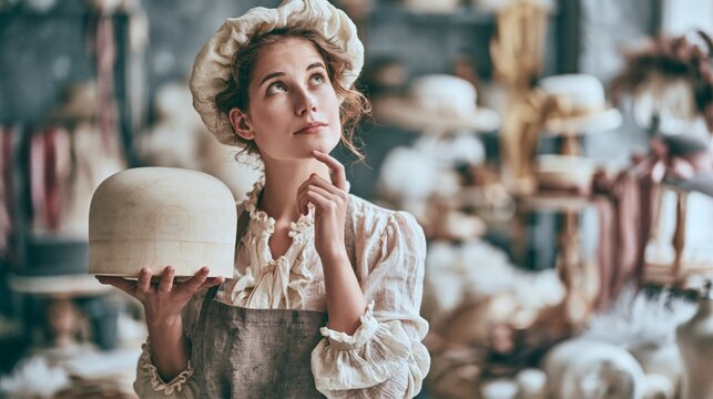 Milliner holding a wooden hat block in a millinery atelier while thinking. Concept of quiz, consultation and trivia about hat making.