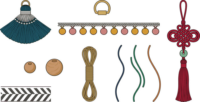 Decorative tassel trim and sewing accessory vector set featuring a blue fan fringe pompom border Chinese knot tieback rope bundle and beads.
