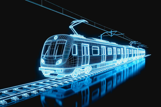 A wireframe-style glowing electric train rests on railway tracks, powered by overhead catenary lines, in a digital rendering.