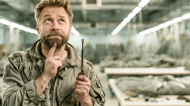 Parachute rigger holding a deployment handle in a parachute packing facility while thinking. Concept of quiz, consultation and trivia about parachute rigging.