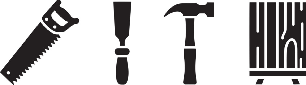 Carpentry tools including a handsaw, chisel, hammer, and wood planks represent essential manual equipment for construction and woodworking.