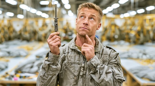 Parachute rigger holding a deployment handle in a parachute packing facility while thinking. Concept of quiz, consultation and trivia about parachute rigging.