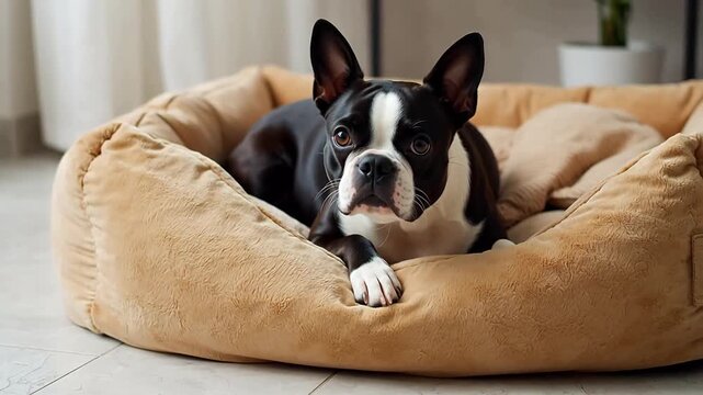 High-definition real footage of lovely Boston Terrier dogs with diverse scenes, indoor outdoor shooting, multiple lighting styles, cute canine portrait commercial usable pet stock video resources