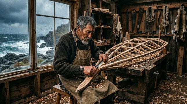Aleut Kayak Builder Shaping Traditional Driftwood Frame in Coastal Workshop