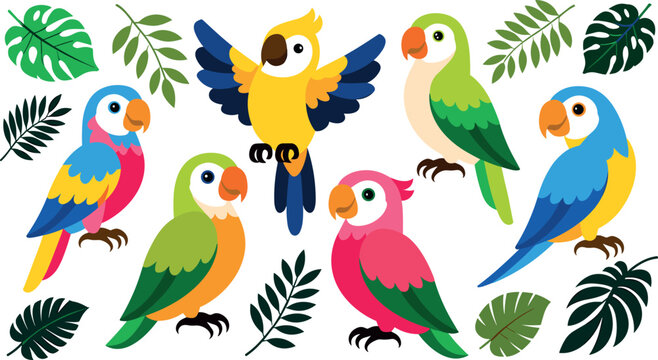 Cute cartoon tropical parrots and jungle leaves vector illustration set with colorful exotic birds isolated on white background