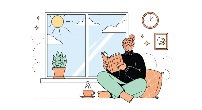 Calm reader relaxing at home by window with plants and soft light.