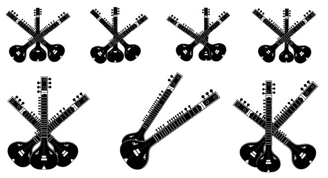 Multiple indian sitar guitars crossed over white background
