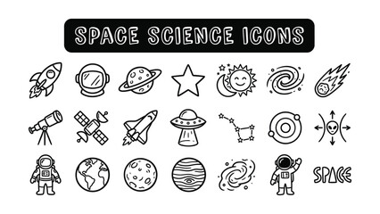Space science icons including planets stars rockets and astronauts on transparent background © Innovation Galary