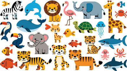 Fototapeta premium Cute cartoon wild and sea animals collection with lion elephant tiger giraffe zebra dolphin shark whale vector illustration set