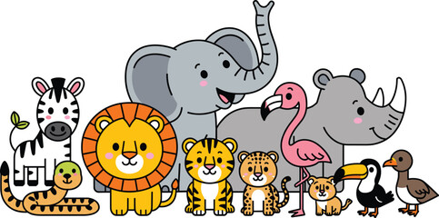 Fototapeta premium Cute cartoon safari wild animals collection with lion elephant tiger zebra rhino flamingo and toucan character vector illustration banner