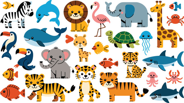Cute cartoon wild and sea animals collection with lion elephant tiger giraffe zebra dolphin shark whale vector illustration set