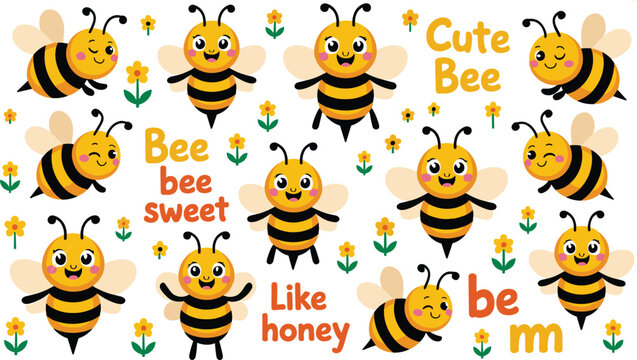 Cute cartoon honey bee vector illustration collection with flying winking smiling bees and yellow spring flowers background banner