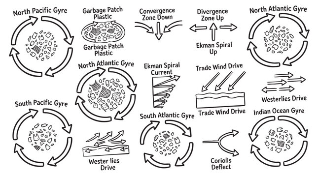 Ocean gyres plastic pollution and current flow infographics.