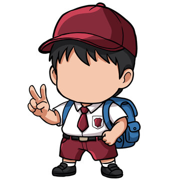 Chibi Faceless Indonesian Elementary School Student SD with Blue Backpack Showing Peace Sign Illustration