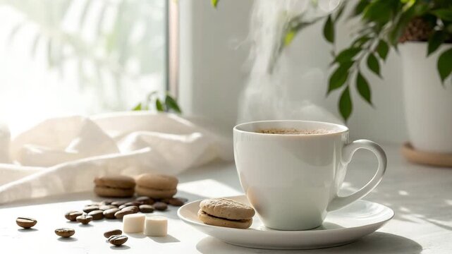 Steaming coffee cup with sugar cubes and coffee beans on a saucer in soft window light