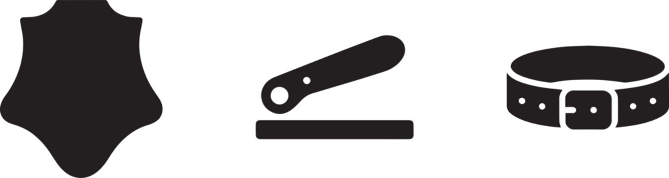 Leather goods production icons display a hide, a hole punch tool, and a finished belt in a minimalist black style.