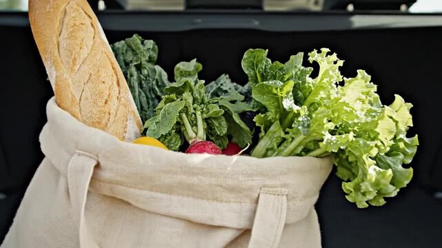Rear view into open car trunk showing reusable canvas grocery bag filled with bread and fresh leafy vegetables, set against dark cargo lining, light trim, bright daylight, and balanced composition
