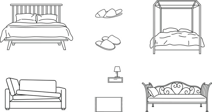 Bedroom furniture line icon set featuring comfortable double beds canopy bed armchair sofa slippers bedside nightstand lamp and floor rug elements