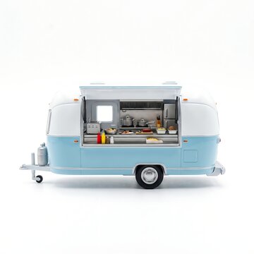 Miniature Food Truck Model with Kitchen Service Hatch Window, Street Food Business Concept Isolated on White Background